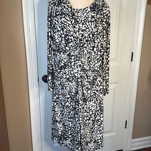 Chaps Faux Wrap Dress S 22W Midi Stretch Black White